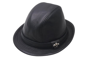 CHROME HEARTS クロムハーツ フェドラ レザーハット 帽子 サイズM ガンスリンガーベルト BSフレア ブラック シルバ−925 美品 中古 4c076567