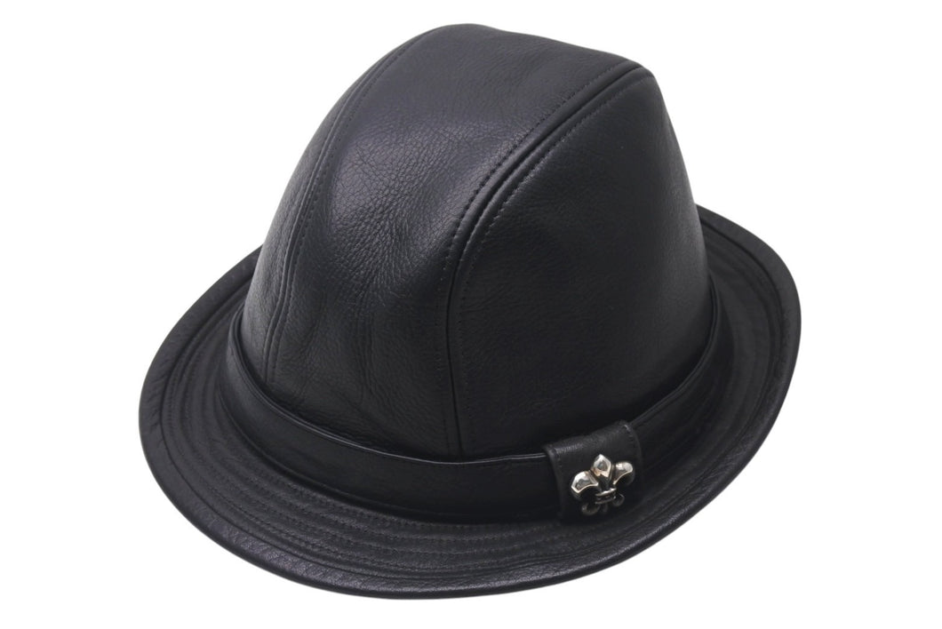 CHROME HEARTS クロムハーツ フェドラ レザーハット 帽子 サイズM ガンスリンガーベルト BSフレア ブラック シルバ−925 美品 中古 4c076567
