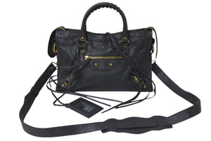 BALENCIAGA バレンシアガ ハンドバッグ CLASSIC GOLD CITY クラシック ゴールド シティ グレー レザー 431621 美品 中古 4c076586