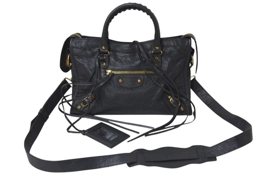 BALENCIAGA バレンシアガ ハンドバッグ CLASSIC GOLD CITY クラシック ゴールド シティ グレー レザー 431621 美品 中古 4c076586