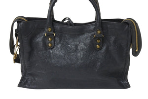 BALENCIAGA バレンシアガ ハンドバッグ CLASSIC GOLD CITY クラシック ゴールド シティ グレー レザー 431621 美品 中古 4c076586