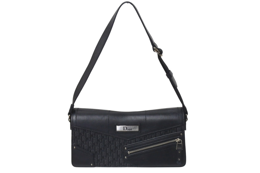 Christian Dior クリスチャンディオール ストリートシック ワンショルダーバッグ トロッター柄 キャンバス レザー ブラック 美品 中古 4c076634