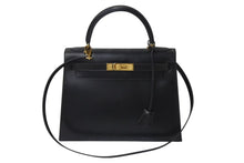 Load image into Gallery viewer, HERMES エルメス ケリー28 外縫い ブラック ○Z刻印 カーフスキン ゴールド金具 ハンドバッグ 美品 中古 4c076669