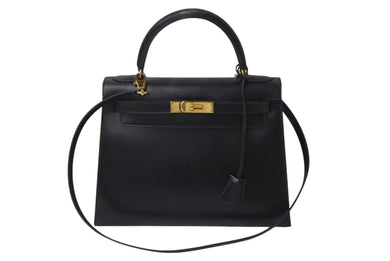 HERMES エルメス ケリー28 外縫い ブラック ○Z刻印 カーフスキン ゴールド金具 ハンドバッグ 美品 中古 4c076669