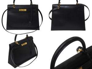 HERMES エルメス ケリー28 外縫い ブラック ○Z刻印 カーフスキン ゴールド金具 ハンドバッグ 美品 中古 4c076669