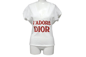 ChristianDior クリスチャンディオール J'ADORE VネックTシャツ 3H16155400 コットン ホワイト レッド サイズ40 美品 中古 4c076711