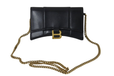 BALENCIAGA バレンシアガ HOURGLASS アワーグラス チェーン ミニ ウォレット シャイニーボックスカーフスキン ブラック 良品 中古 4c076732