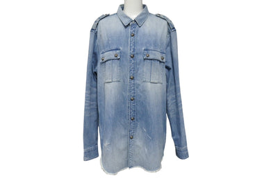極美品 BALMAIN バルマン エンボスロゴ ダメージデニムシャツ HC030027D JAPAN製 コットン ブルー サイズ40 中古 4c069785