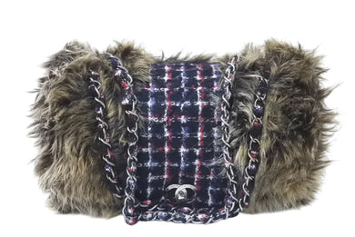 極美品 CHANEL シャネル ファー ツイード チェーン ショルダーバッグ 14番台 マルチカラー シルバー金具 ココマーク 中古 4c070061