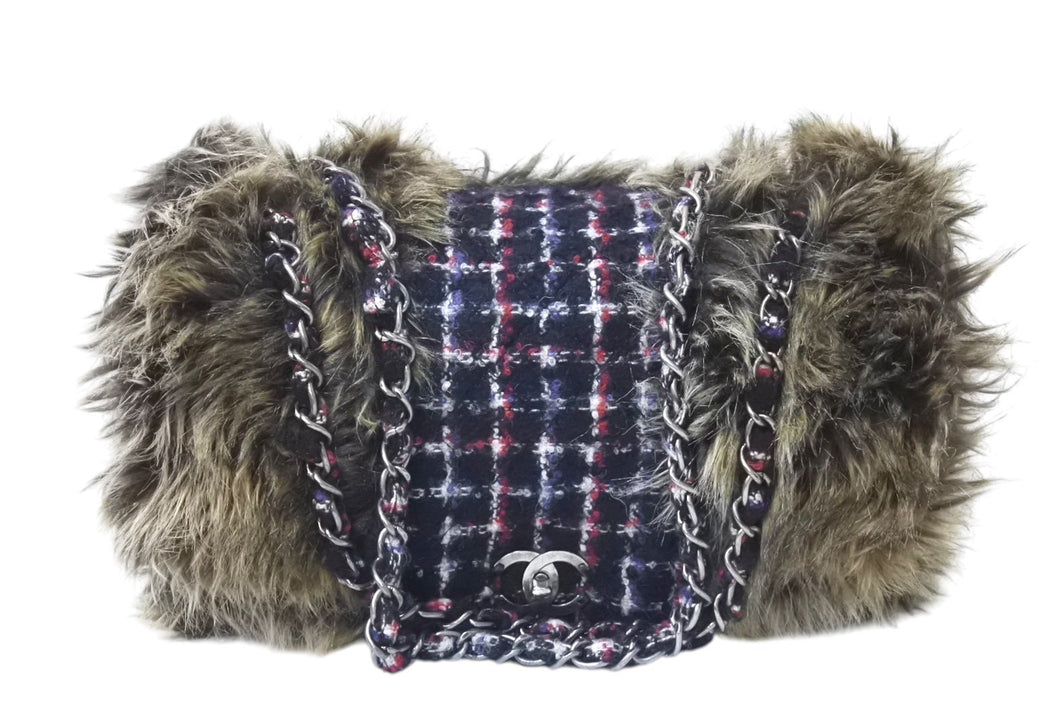 極美品 CHANEL シャネル ファー ツイード チェーン ショルダーバッグ 14番台 マルチカラー シルバー金具 ココマーク 中古 4c070061