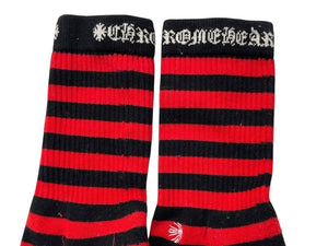 CHROME HEARTS クロムハーツ 靴下 ソックス ロゴ刺繍 ストライプ レッド ブラック コットン 美品 中古 4c071023