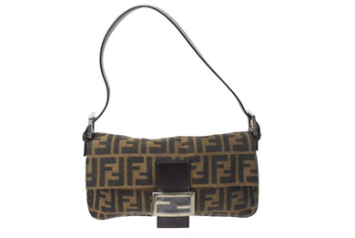 極美品 FENDI フェンディ マンマバケット ワンショルダーバッグ ズッカ柄 コットンキャンバス レザー シルバー金具 ブラウン 中古 4c070254 