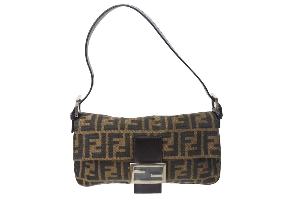 極美品 FENDI フェンディ マンマバケット ワンショルダーバッグ ズッカ柄 コットンキャンバス レザー シルバー金具 ブラウン 中古 4c070254 