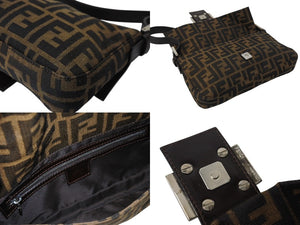 極美品 FENDI フェンディ マンマバケット ワンショルダーバッグ ズッカ柄 コットンキャンバス レザー シルバー金具 ブラウン 中古 4c070254 