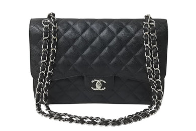 極美品 CHANEL シャネル マトラッセ30 Wフラップ Wチェーン ショルダーバッグ 18番台 キャビアスキン ブラック シルバー金具 中古 4c070385