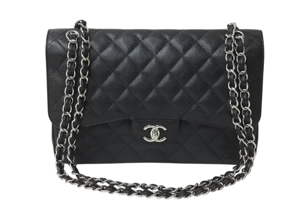 極美品 CHANEL シャネル マトラッセ30 Wフラップ Wチェーン ショルダーバッグ 18番台 キャビアスキン ブラック シルバー金具 中古 4c070385