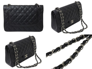 極美品 CHANEL シャネル マトラッセ30 Wフラップ Wチェーン ショルダーバッグ 18番台 キャビアスキン ブラック シルバー金具 中古 4c070385