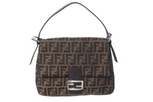 画像をギャラリービューアに読み込む, FENDI フェンディ ズッカ柄 マンマバケット ワンショルダーバッグ ブラウンロゴ コットンキャンバス レザー 美品 中古 4c071193 