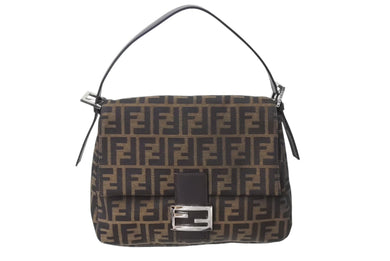FENDI フェンディ ズッカ柄 マンマバケット ワンショルダーバッグ ブラウンロゴ コットンキャンバス レザー 美品 中古 4c071193 