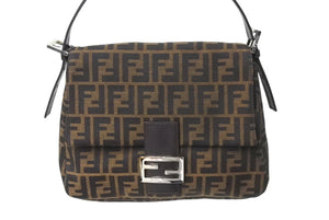 FENDI フェンディ ズッカ柄 マンマバケット ワンショルダーバッグ ブラウンロゴ コットンキャンバス レザー 美品 中古 4c071193 