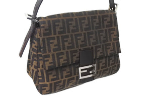 FENDI フェンディ ズッカ柄 マンマバケット ワンショルダーバッグ ブラウンロゴ コットンキャンバス レザー 美品 中古 4c071193 