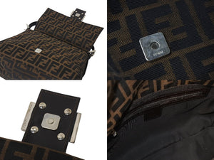 FENDI フェンディ ズッカ柄 マンマバケット ワンショルダーバッグ ブラウンロゴ コットンキャンバス レザー 美品 中古 4c071193 