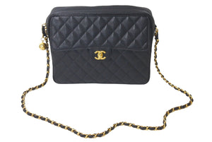 CHANEL シャネル ビジューチェーンショルダーバッグ マトラッセ 玉付きキャビアスキン 2番台 1992年 ブラック 美品 中古 50603