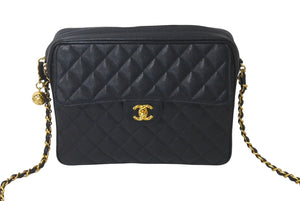 CHANEL シャネル ビジューチェーンショルダーバッグ マトラッセ 玉付きキャビアスキン 2番台 1992年 ブラック 美品 中古 50603
