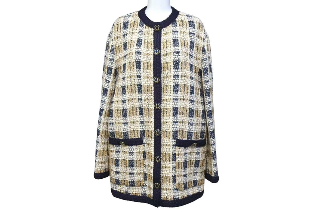 新品同様 GUCCI グッチ ツイードジャケット アウター 691452 ZAIU7 イタリア製 ベージュ ネイビー ゴールド サイズ40 中古 51380