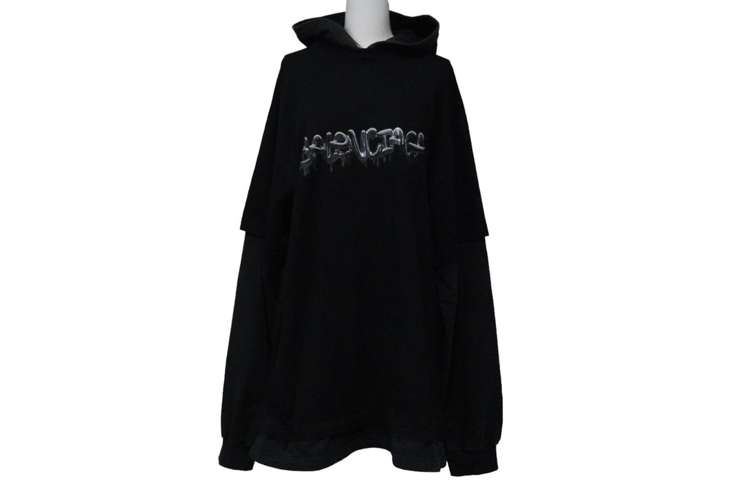 新品同様品 BALENCIAGA バレンシアガ 681029 レイヤード プルオーバーパーカー ブラック コットン サイズXS 中古 51862