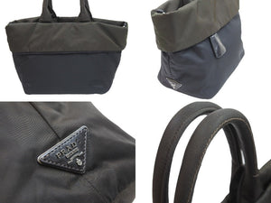 PRADA プラダ トートバッグ ハンドバッグ 三角プレート ブラック カーキ ナイロン リバーシブル シルバー金具 良品 中古 52030