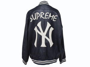 Supreme x Yankees シュプリームヤンキース ベースボールジャケット RN101837 ラムスキン ポリエステル ネイビー 美品 中古 4b005210