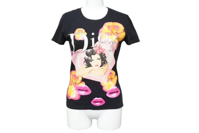 Christian Dior クリスチャンディオール 半袖Ｔシャツ 5P16155201 花柄 ハート 女 ブラック コットン サイズ36 美品 中古 52246