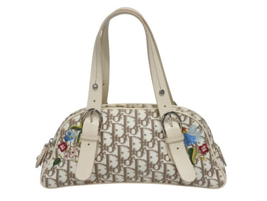 Christian Dior クリスチャンディオール フラワー刺繍 トロッター ハンドバッグ キャンバス レザー ベージュ 美品 中古 4b005246