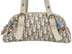 Christian Dior クリスチャンディオール フラワー刺繍 トロッター ハンドバッグ キャンバス レザー ベージュ 美品 中古 4b005246