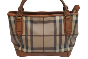BURBERRY バーバリー チェック柄 レザー トートバッグ ベージュ ブラウン 肩掛け ハンドバッグ 鞄 良品 中古 52585