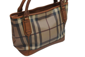 BURBERRY バーバリー チェック柄 レザー トートバッグ ベージュ ブラウン 肩掛け ハンドバッグ 鞄 良品 中古 52585