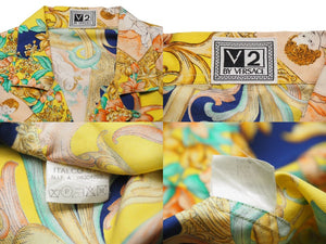 VERSACE ヴェルサーチ V2 by versace 半袖シャツ バロッコ シルク シャツ 総柄 イエロー シルク サイズL 美品 中古 52665