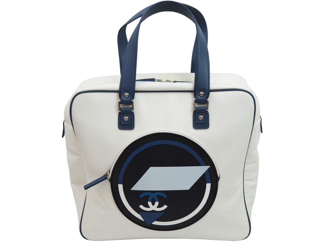 CHANEL シャネル ハンドバッグ エアライントートバッグ 22番台 ココマーク ホワイト ネイビー シルバー金具 美品 中古 52892