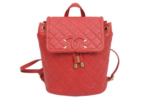 極美品 CHANEL シャネル キャビアスキン マトラッセ CCフィリグリー バックパック 25番台 レッド ゴールド金具 中古 53200