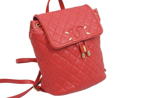 極美品 CHANEL シャネル キャビアスキン マトラッセ CCフィリグリー バックパック 25番台 レッド ゴールド金具 中古 53200