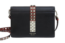 画像をギャラリービューアに読み込む, PRADA プラダショルダーバッグ エレクトラ スタッズ クロスボディバッグ 1BD120 ブラック レッド シルバー金具 美品 中古 53341 