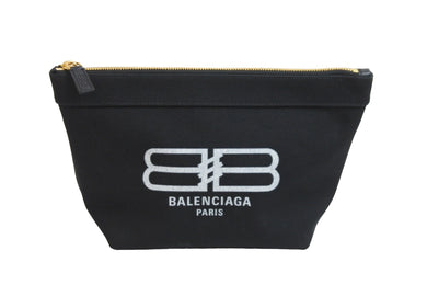 新品同様 BALENCIAGA バレンシアガ ポーチ セカンドバッグ ブラック ホワイト BBロゴ キャンバス ゴールド金具 中古 53365