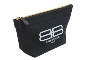 新品同様 BALENCIAGA バレンシアガ ポーチ セカンドバッグ ブラック ホワイト BBロゴ キャンバス ゴールド金具 中古 53365