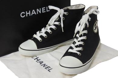 CHANEL シャネル スニーカー 001852 ココマーク ハイカットスニーカー ブラック ホワイト キャンバス サイズ37 良品 中古 53532