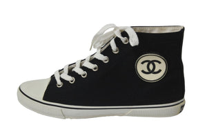 CHANEL シャネル スニーカー 001852 ココマーク ハイカットスニーカー ブラック ホワイト キャンバス サイズ37 良品 中古 53532