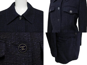 CHANEL シャネル セットアップ ジャケット スカート ココマーク 01P P17609 P17612 ネイビー ツイード 美品 中古 53593