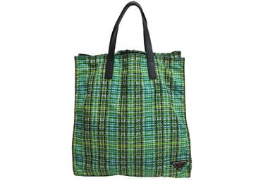 PRADA プラダ トートバッグ グリーン チェック柄 トライアングルロゴ ナイロン サフィアーノ シルバー金具 美品 中古 53677 