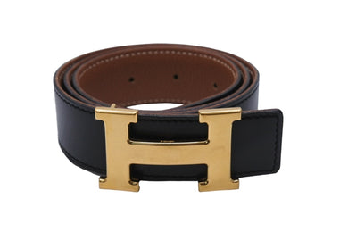 HERMES エルメス ベルト H バックル □E刻印 ボックスカーフ レザー70 ブラック ブラウン ゴールド金具 美品 中古 54433