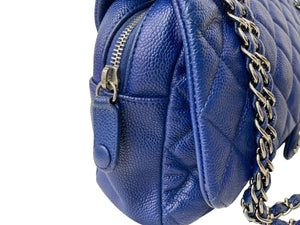 極美品 CHANEL シャネル マトラッセ チェーンショルダーバッグ キャビアスキン 18番台 シングルフラップ ブルー 中古 54875